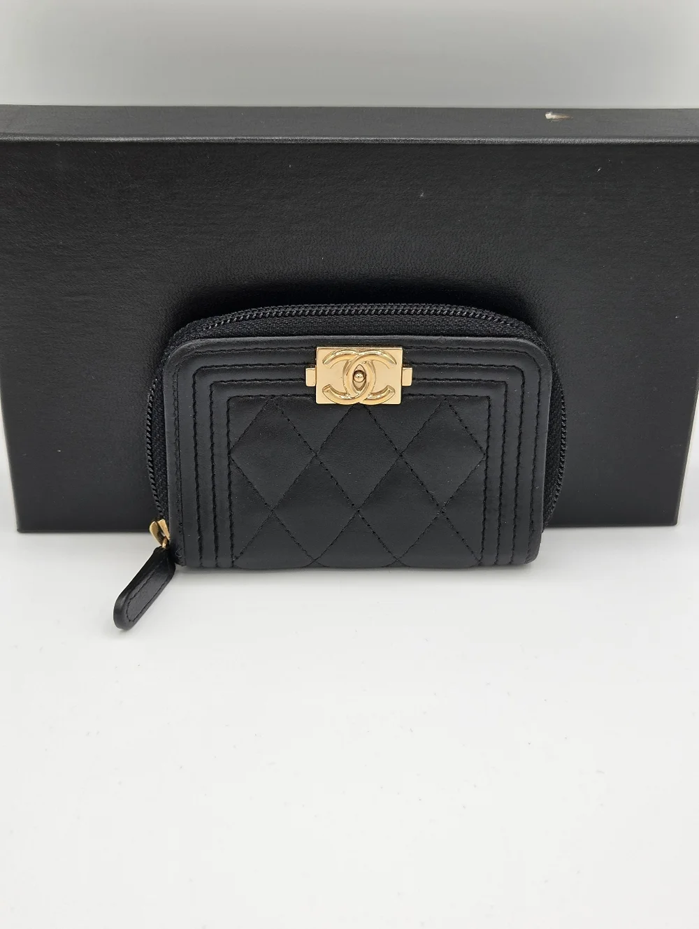 Chanel Boy Zip Around Coin Purse Wallet Lambskin Black
